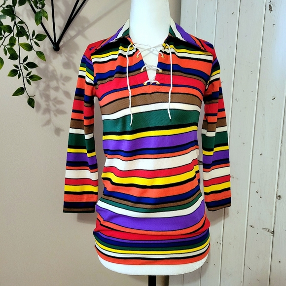 VINTAGE 60's MULTICOLOUR STRIPED TOP - Picture 2 of 8